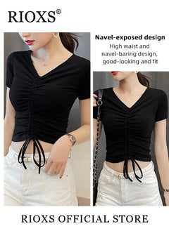 RIOXS Women Short Sleeves Crop Top Slim Fit Shirts Elastic Waist T-Shirts Side Drawstring Top  - Image 2