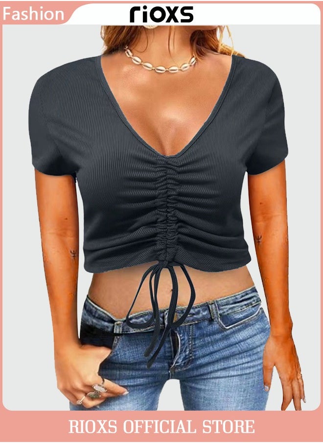 RIOXS - Women Short Sleeves Crop Top Slim Fit Shirts Elastic Waist T-Shirts Side Drawstring Top - Image 1