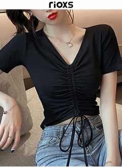 RIOXS Women Short Sleeves Crop Top Slim Fit Shirts Elastic Waist T-Shirts Side Drawstring Top  - Image 5