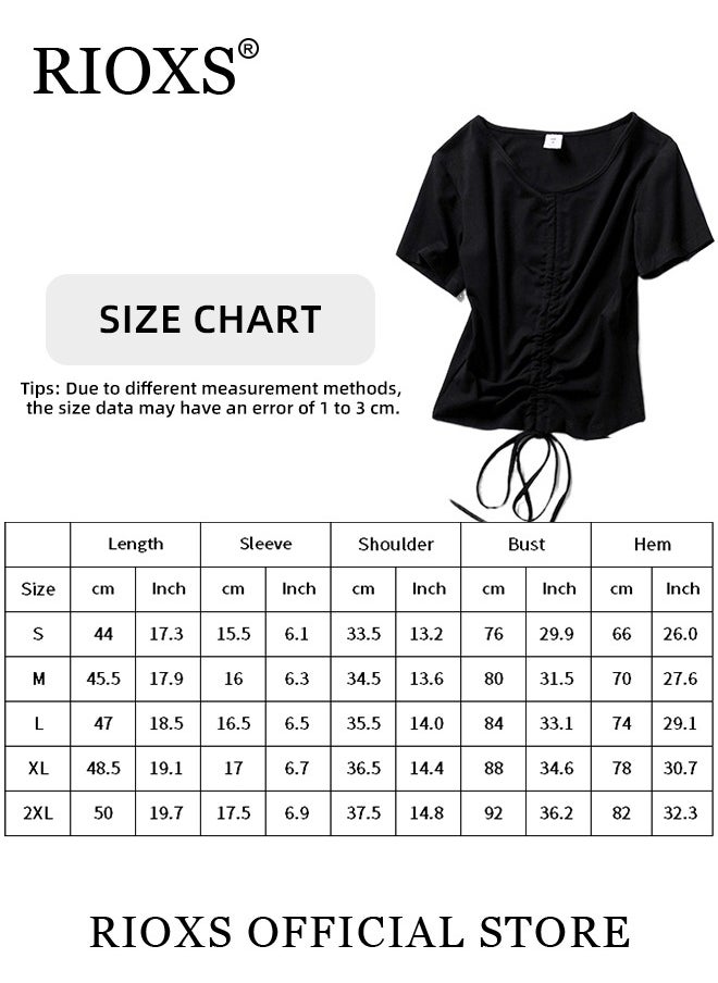 RIOXS Women Short Sleeves Crop Top Slim Fit Shirts Elastic Waist T-Shirts Side Drawstring Top  - Image 4