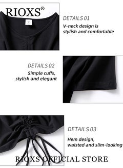 RIOXS Women Short Sleeves Crop Top Slim Fit Shirts Elastic Waist T-Shirts Side Drawstring Top  - Image 3
