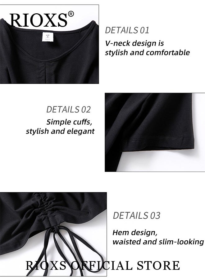 RIOXS Women Short Sleeves Crop Top Slim Fit Shirts Elastic Waist T-Shirts Side Drawstring Top  - Image 3