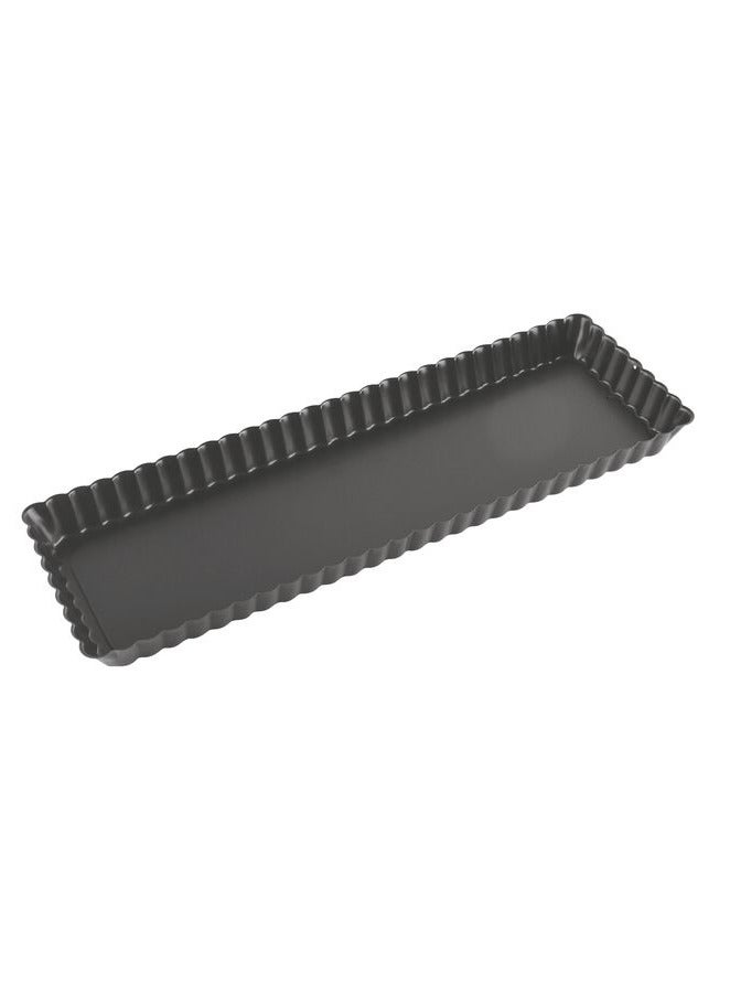 Paderno Dark Grey Steel, Fluted edges Cake Mold Tin with Loose Base 35cm x 11cm, 2.5cm Height. Non-stick coating PFOA free. Heat resistant up to 230°C. Oven safe. Italy