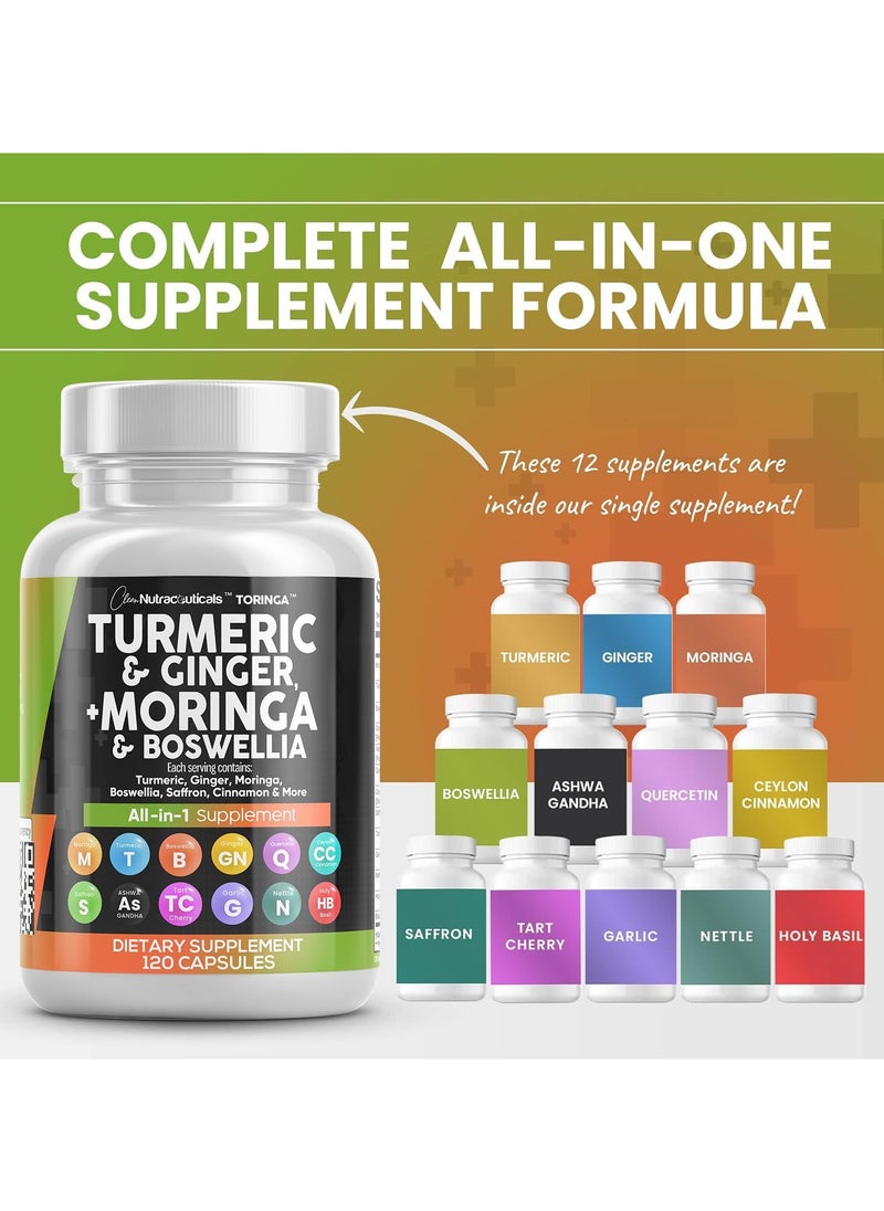 Clean Nutraceuticals - Turmeric Moringa Supplement | Ginger Boswellia Saffron - Supplement for Women and Men with Ceylon Cinnamon, Tart Cherry, Quercetin Garlic Nettle Holy Basil - 1Pack - Image 1