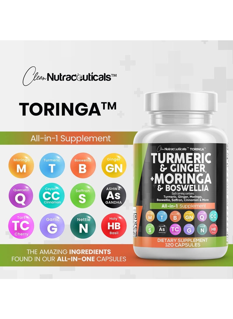 Clean Nutraceuticals - Turmeric Moringa Supplement | Ginger Boswellia Saffron - Supplement for Women and Men with Ceylon Cinnamon, Tart Cherry, Quercetin Garlic Nettle Holy Basil - 1Pack - Image 1