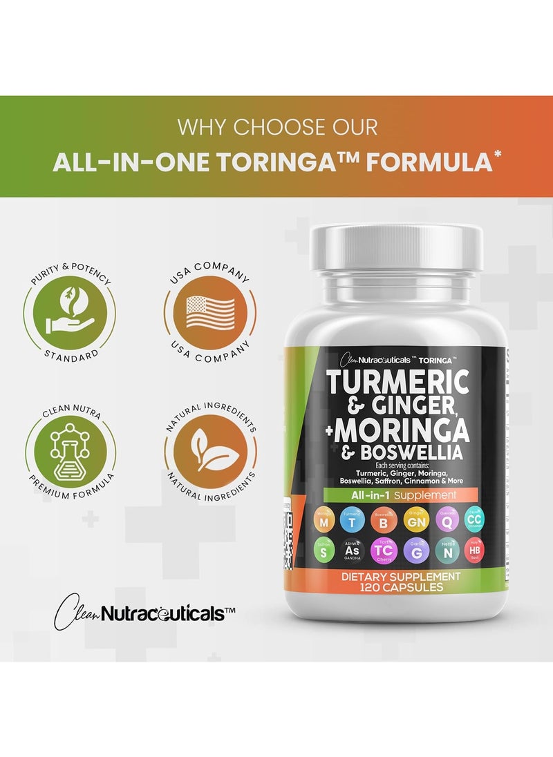 Clean Nutraceuticals - Turmeric Moringa Supplement | Ginger Boswellia Saffron - Supplement for Women and Men with Ceylon Cinnamon, Tart Cherry, Quercetin Garlic Nettle Holy Basil - 1Pack - Image 1