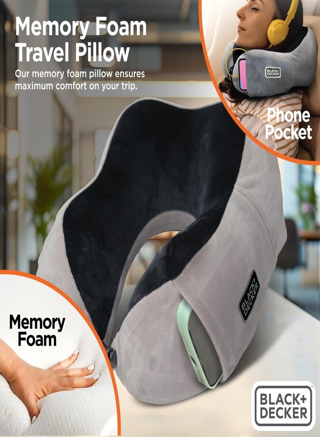 BLACK+DECKER Memory Foam Neck Pillow with Phone Pocket - Travel Pillow for Airplane, Car & Train - Ergonomic Neck Support, Washable Cover, Universal Fit,Black - Image 2