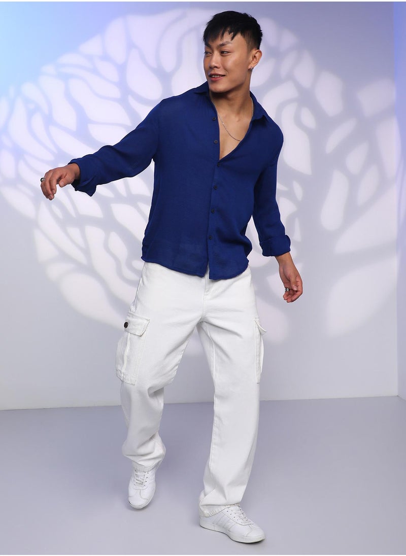 Campus Sutra - Men's Indigo Blue Solid Woven Shirt - Image 1