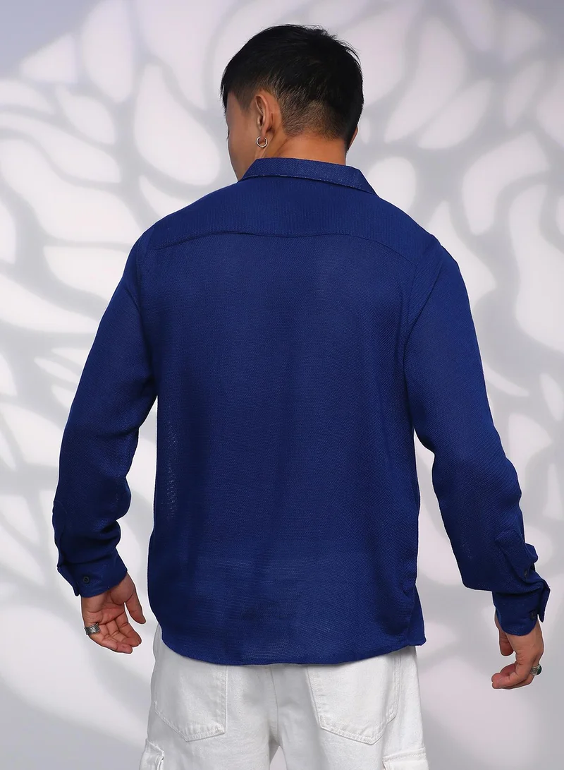 Campus Sutra Men's Indigo Blue Solid Woven Shirt