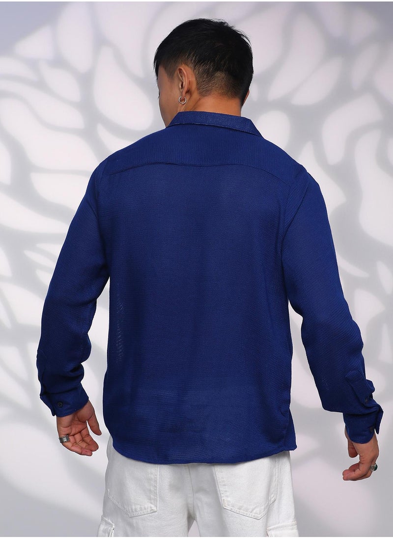 Campus Sutra - Men's Indigo Blue Solid Woven Shirt - Image 1