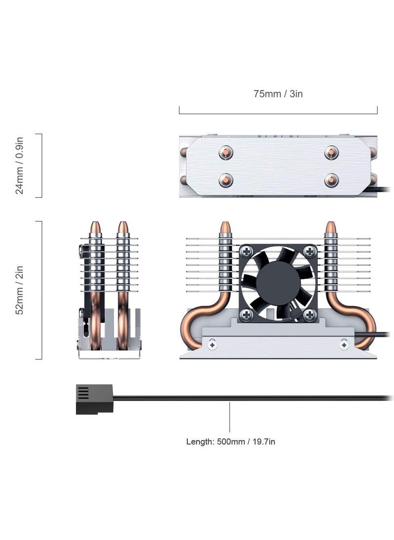 مبدد حراري 12 فولت M.2 2280 SSD مع مروحة تبريد PWM مقاس 30 مم، وأنابيب حرارة نحاسية ووسادة حرارية، ومبرد SSD لـ M.2 2280 NVMe وSATA SSD فقط