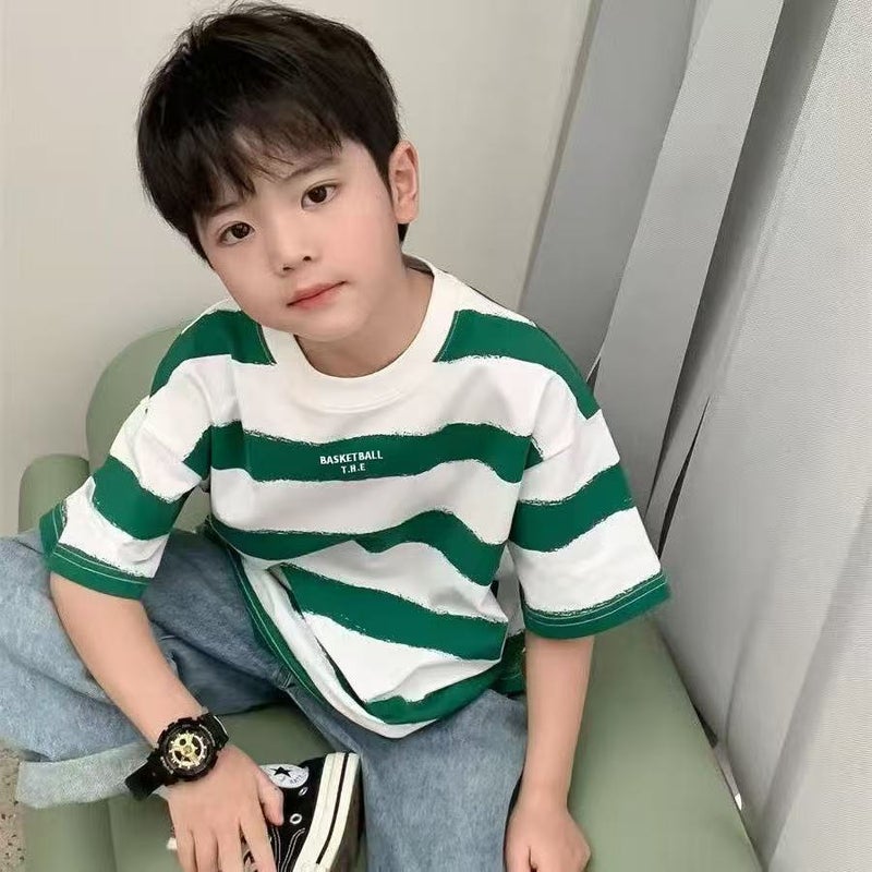 Children'S Wear Striped Half-Sleeved Shirt New All-Match Baby Top Summer Children'S T-Shirt Boys Summer Short-Sleeved Pure Cotton Korean Style - Image 1