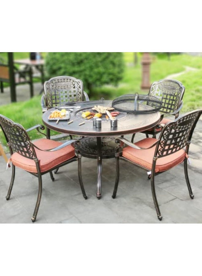 YULAN Yulan Outdoor Patio Furniture Fire Pit Set, All-Weather Cast Aluminum Outdoor Conversation BBQ Set, Chairs and Barbecue Grill Table for Balcony, Lawn, Garden, Backyard (4 Chair) 413  - Image 1
