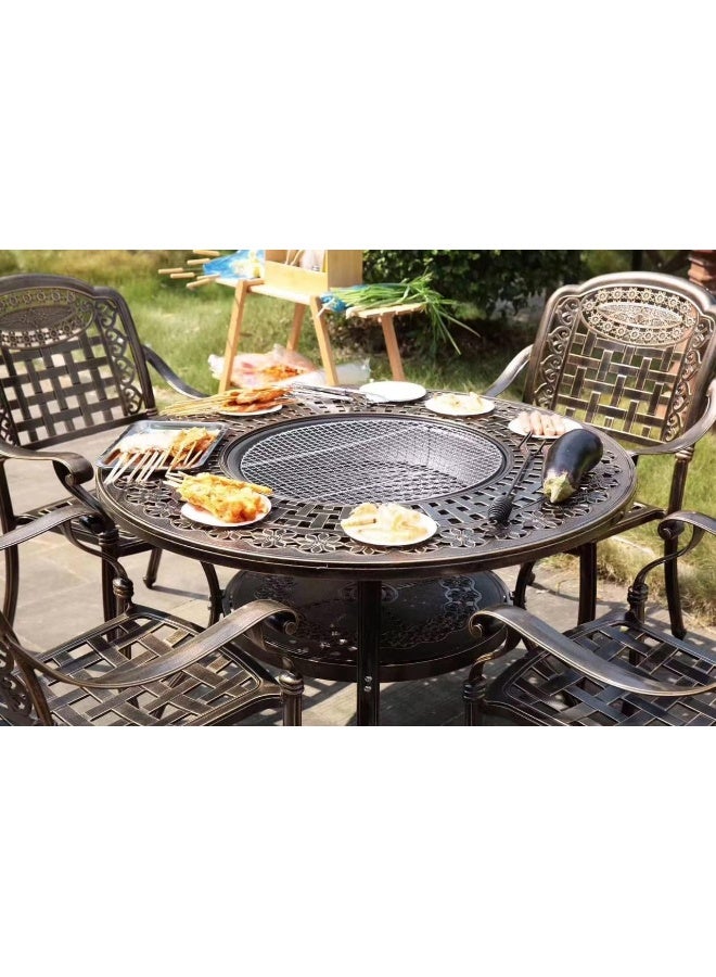 YULAN Yulan Outdoor Patio Furniture Fire Pit Set, All-Weather Cast Aluminum Outdoor Conversation BBQ Set, Chairs and Barbecue Grill Table for Balcony, Lawn, Garden, Backyard (4 Chair) 413  - Image 2