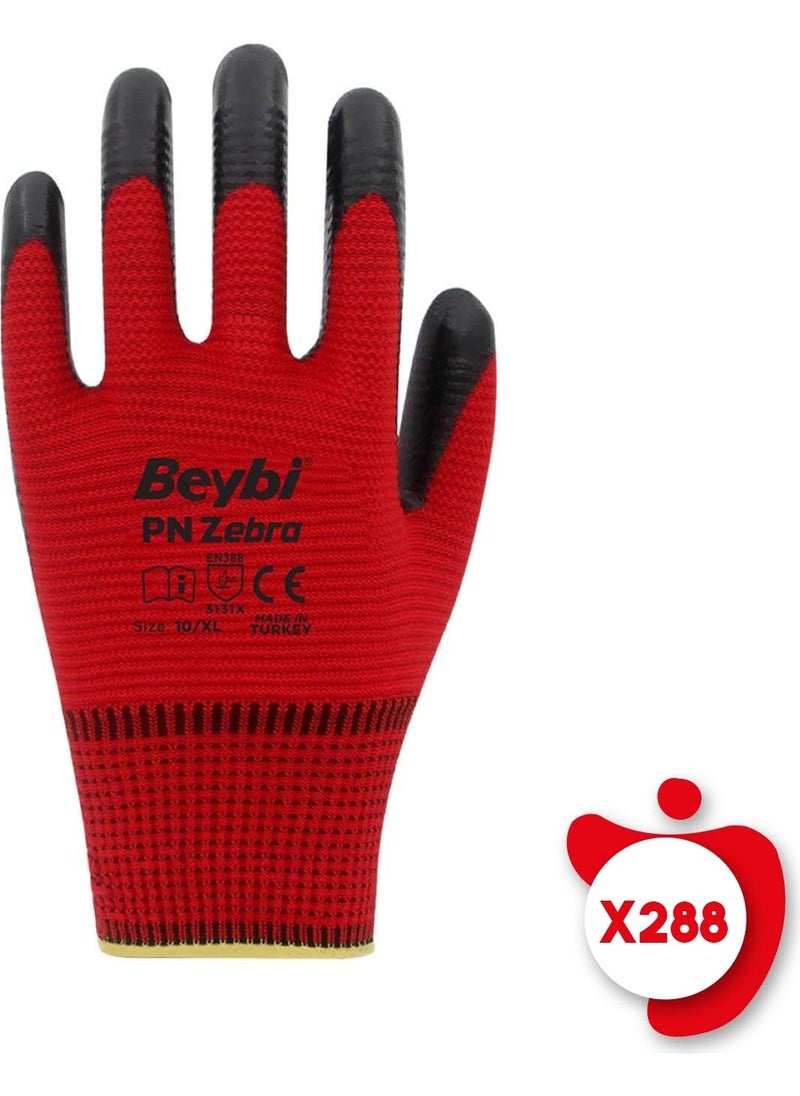 Beybi Pn Zebra Red-Black Poly. Knitted Nitrile Work Gloves Size 9 288 Pairs 