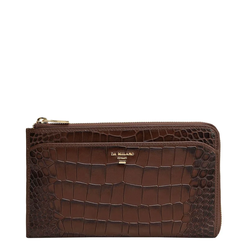Da Milano Da Milano Croco-Embossed Leather Travel Multi Pouch with Zip Closure - Walnut (MP-1430B)