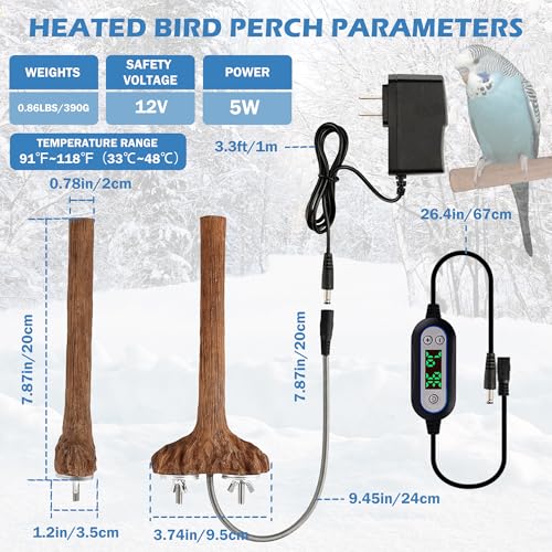 WEIYOONS Heated Bird Perch Birdcage Heater Birds Warmer for Cage Adjustable Temperature Winter Birds Heater for Parrots Conure Cockatiels Parakeets Small Bird - Image 3