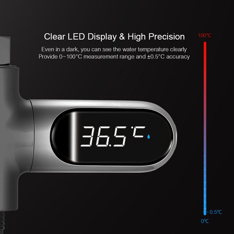 شاشة عرض رقمية لدرجة حرارة الدش LED 0~100 درجة مئوية — مقياس حرارة مياه الاستحمام للأطفال مع عرض بالدرجات المئوية/الفهرنهايت وشاشة تدور بزاوية 360 درجة للمطبخ والحمام في المنزل - Image 5