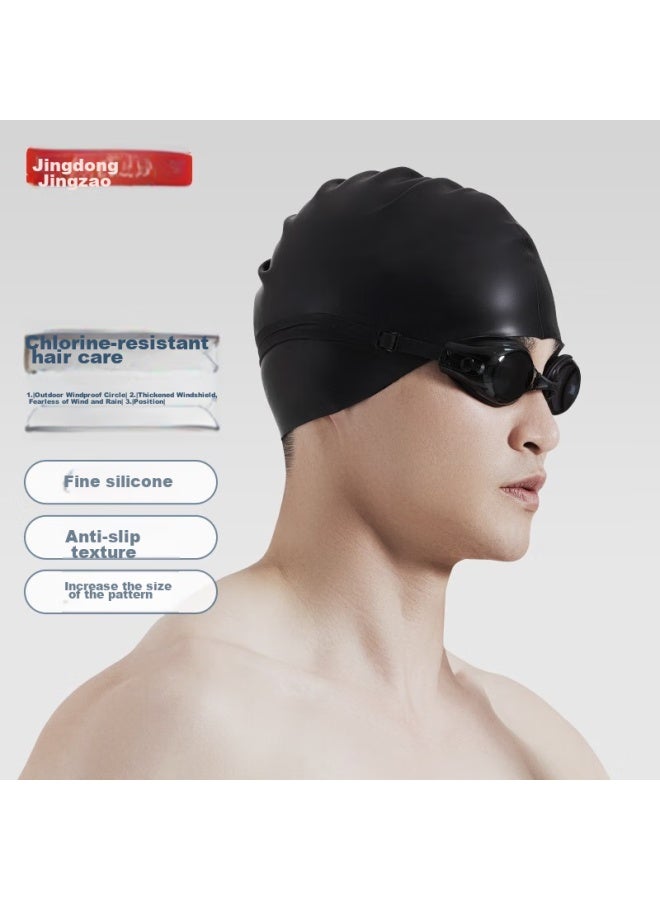 JD.com Jd Jingzao Silicone Swim Cap For Men And Women, High-elasticity Waterproof Long Hair Ear Protection Large Capacity Swim Cap, Black - Image 3