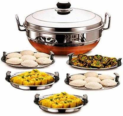 Bigbought Stainless Steel Multi Kadai Idli Cooker Steamer with Copper Bottom AllinOne Big Size dhokla Cooker 5 Plate 2 Idli 2 Dhokla 1 Patra Momo 3 in 1 285 cm Dia - Image 1