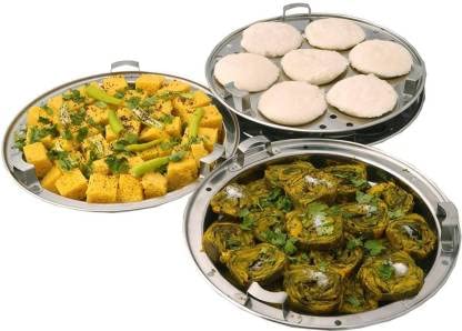 Bigbought Stainless Steel Multi Kadai Idli Cooker Steamer with Copper Bottom AllinOne Big Size dhokla Cooker 5 Plate 2 Idli 2 Dhokla 1 Patra Momo 3 in 1 285 cm Dia - Image 5