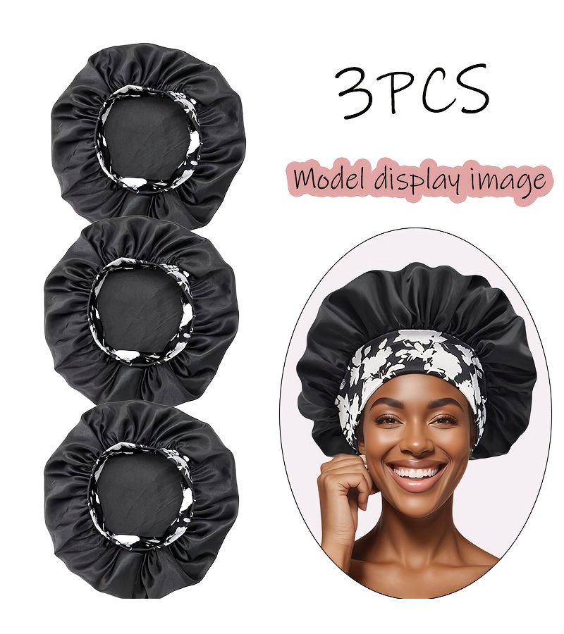 3 Black Satin Sleep Bonnets for Women with Elastic Band Curly Hair Night - Image 1