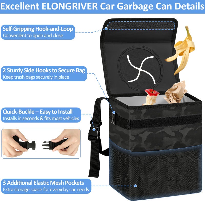 ELONGRIVER Car Trash Can Bin for Back Seat Leak Proof, Cute Car Trash Bag Hanging, Vehicle Trash Can for SUV Truck Van, Automotive Garbage Cans Front Seat Camo Black - Image 4