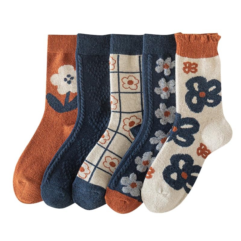 FORJMMP 5/10 Pairs Wool Socks for Women Thick Knit Vintage Cute Floral Crew Socks (5 Pairs-Blue Flowers) - Image 1