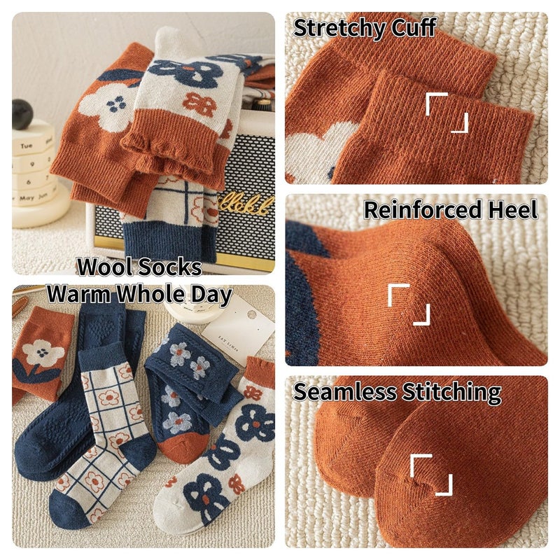 FORJMMP 5/10 Pairs Wool Socks for Women Thick Knit Vintage Cute Floral Crew Socks (5 Pairs-Blue Flowers) - Image 5