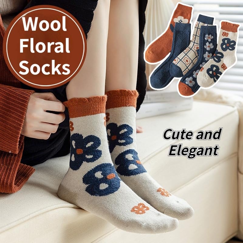 FORJMMP 5/10 Pairs Wool Socks for Women Thick Knit Vintage Cute Floral Crew Socks (5 Pairs-Blue Flowers) - Image 4