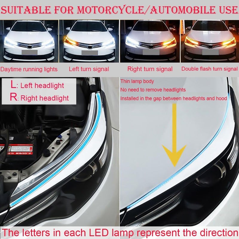 أضواء شريط LED للسيارة، شريط إضاءة نهارية LED بطول 24 بوصة، للسيارة، SUV، دراجة نارية، مقاوم للماء، إشارة انعطاف، DRL، مفتاح تسلسل، شريط LED أبيض/أصفر (قطعتان) - Image 2