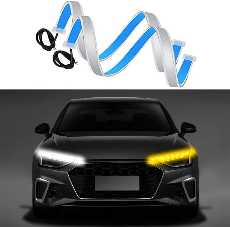 أضواء شريط LED للسيارة، شريط إضاءة نهارية LED بطول 24 بوصة، للسيارة، SUV، دراجة نارية، مقاوم للماء، إشارة انعطاف، DRL، مفتاح تسلسل، شريط LED أبيض/أصفر (قطعتان) - Image 1