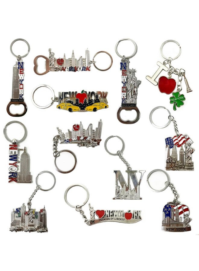 TSY TOOL 12 Pack Silver NYC Souvenir Collection New York Metal Keychain Ring Bundle Bulk Includes Empire State, Freedom Tower, Statue Of Liberty, USA Flag,NY Cab, Apple, Bottle Opener too And More  - Image 1