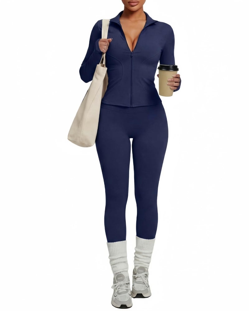 Simlakey Women Workout Sets 2 Piece Seamless Yoga Outfits Long Sleeve Zip up Jacket High Waist Leggings Athletic Gym Set(Royal Blue,Small) - Image 1