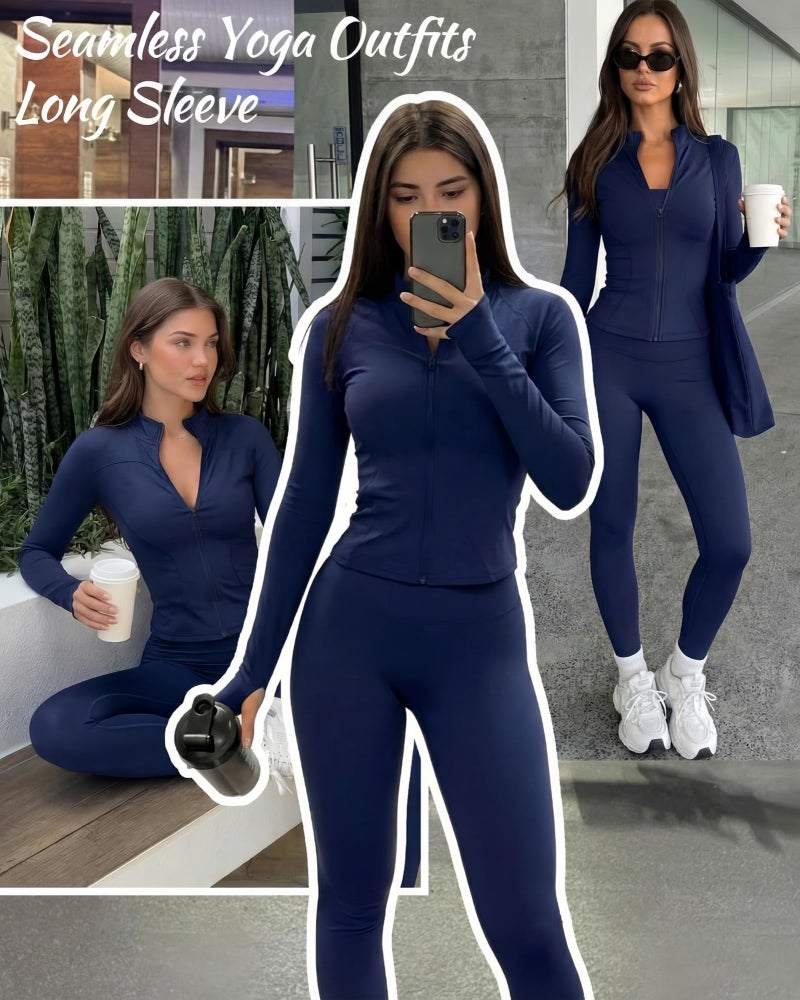 Simlakey Women Workout Sets 2 Piece Seamless Yoga Outfits Long Sleeve Zip up Jacket High Waist Leggings Athletic Gym Set(Royal Blue,Small) - Image 3