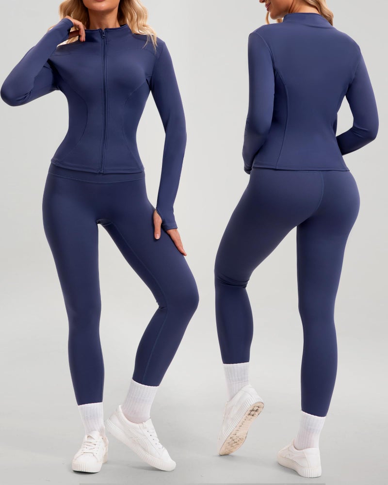 Simlakey Women Workout Sets 2 Piece Seamless Yoga Outfits Long Sleeve Zip up Jacket High Waist Leggings Athletic Gym Set(Royal Blue,Small) - Image 2