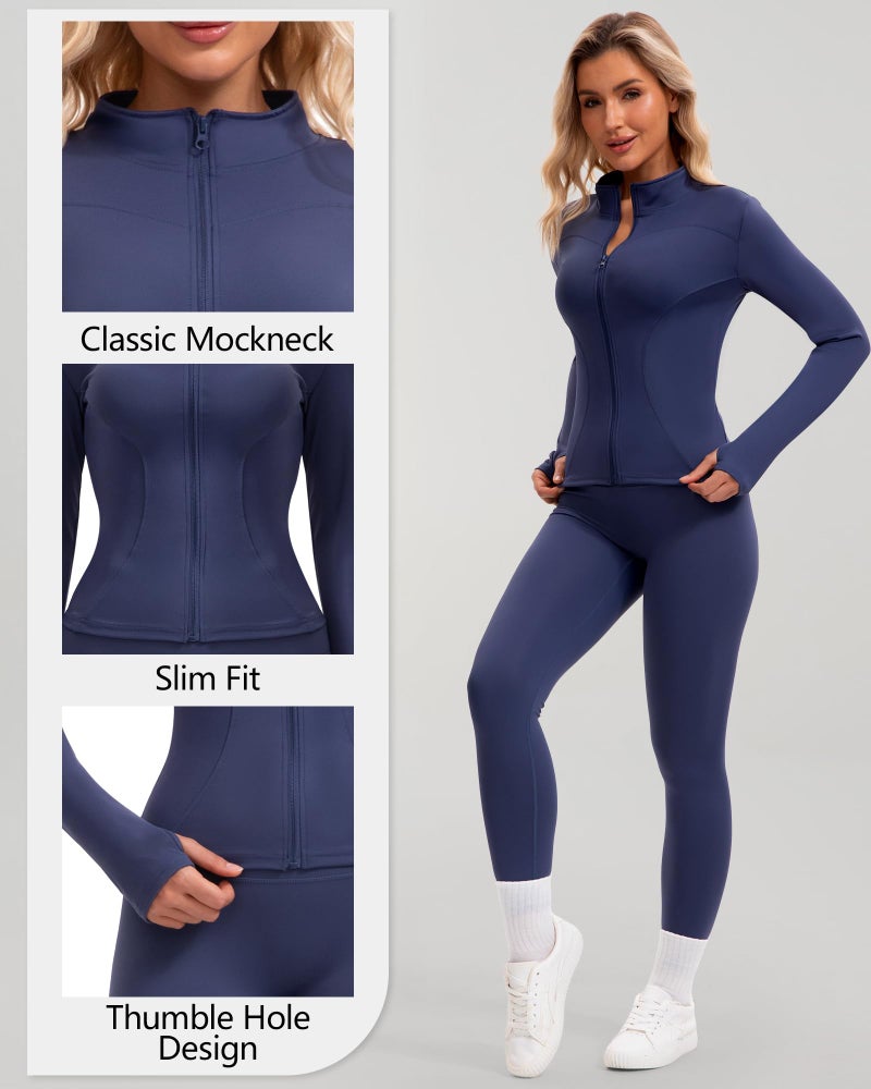 Simlakey Women Workout Sets 2 Piece Seamless Yoga Outfits Long Sleeve Zip up Jacket High Waist Leggings Athletic Gym Set(Royal Blue,Small) - Image 5