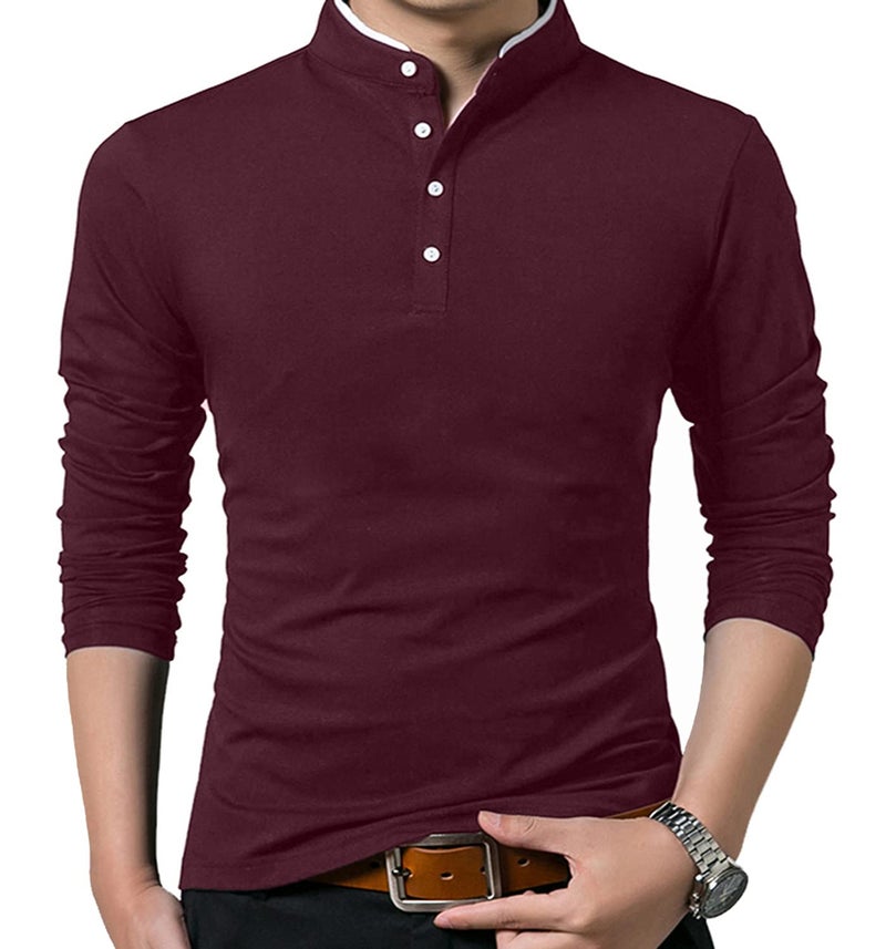 KUYIGO Men's Casual Slim Fit Shirts Long Sleeve Classic Fashion Polo Shirt Cotton Tops Port X-Large - Image 1
