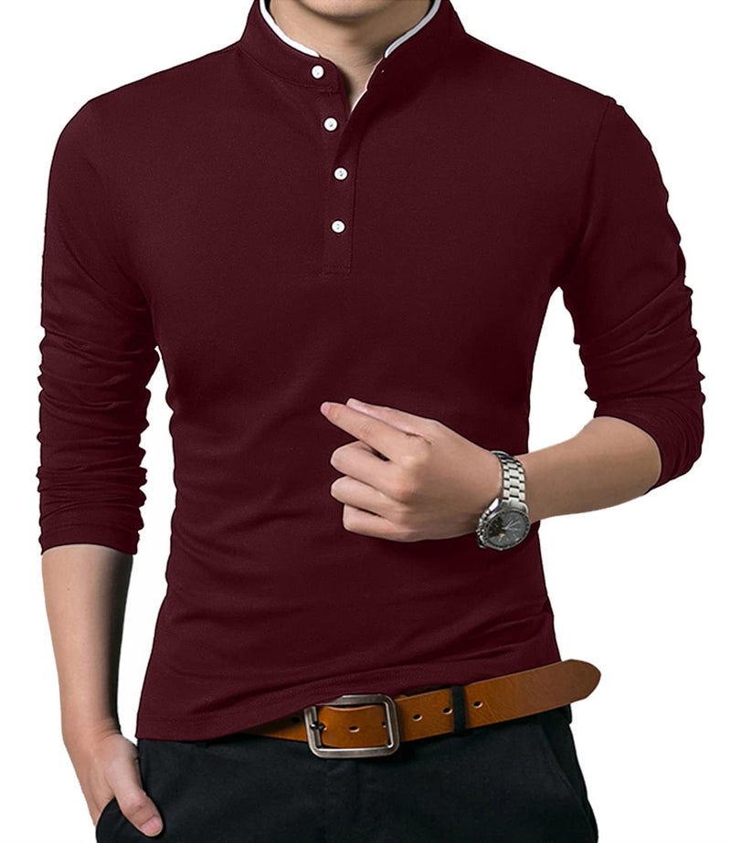 KUYIGO Men's Casual Slim Fit Shirts Long Sleeve Classic Fashion Polo Shirt Cotton Tops Port X-Large - Image 2