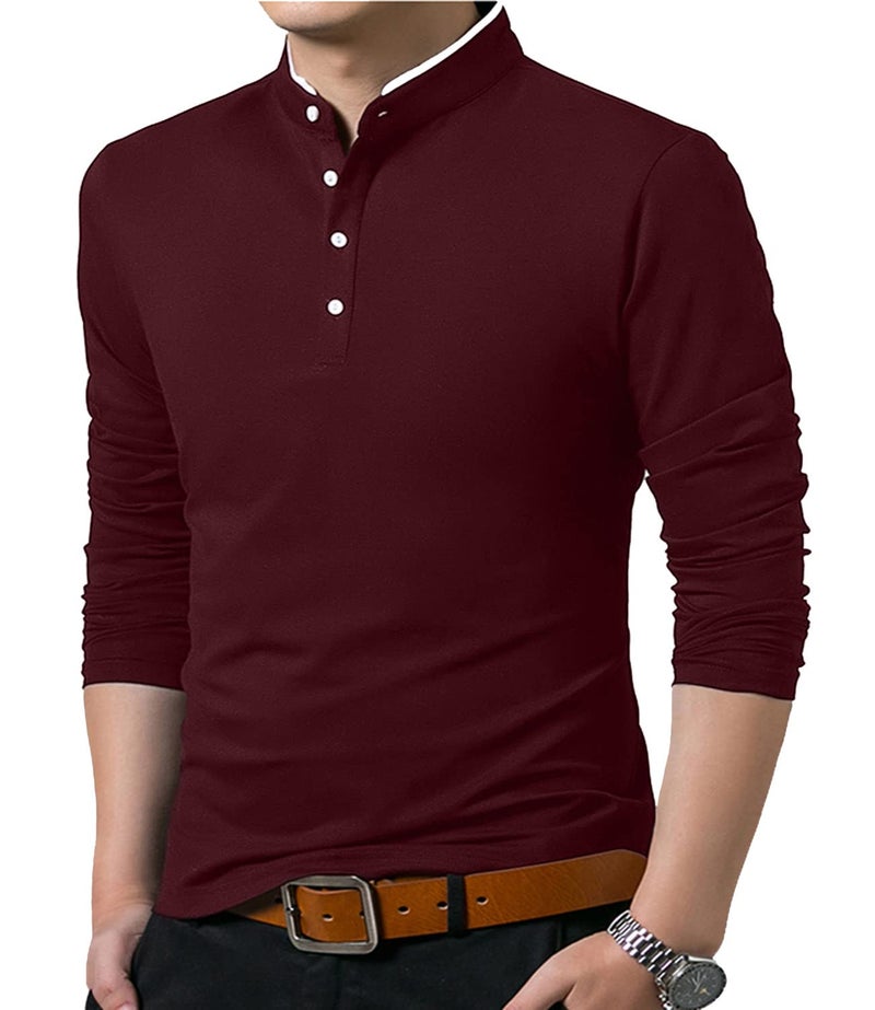 KUYIGO Men's Casual Slim Fit Shirts Long Sleeve Classic Fashion Polo Shirt Cotton Tops Port X-Large - Image 3