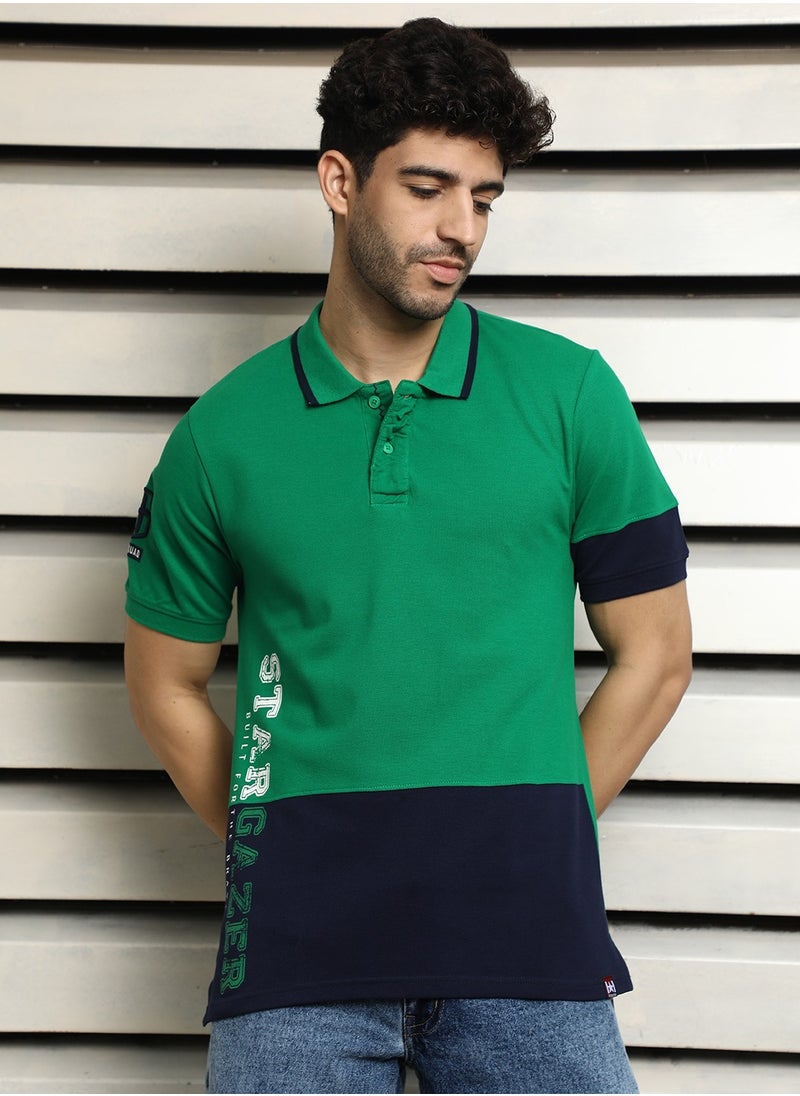 HIGH STAR Men's Green Polo Collar Regular Fit Colorblocked Cotton T-shirt  - Image 2