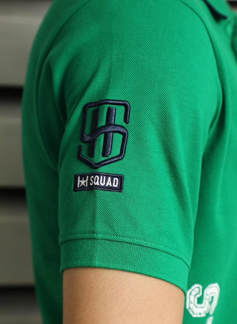 HIGH STAR Men's Green Polo Collar Regular Fit Colorblocked Cotton T-shirt