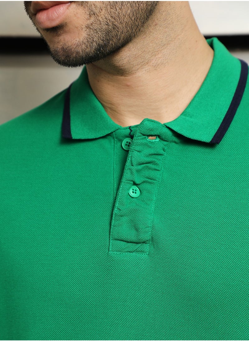 HIGH STAR Men's Green Polo Collar Regular Fit Colorblocked Cotton T-shirt  - Image 5