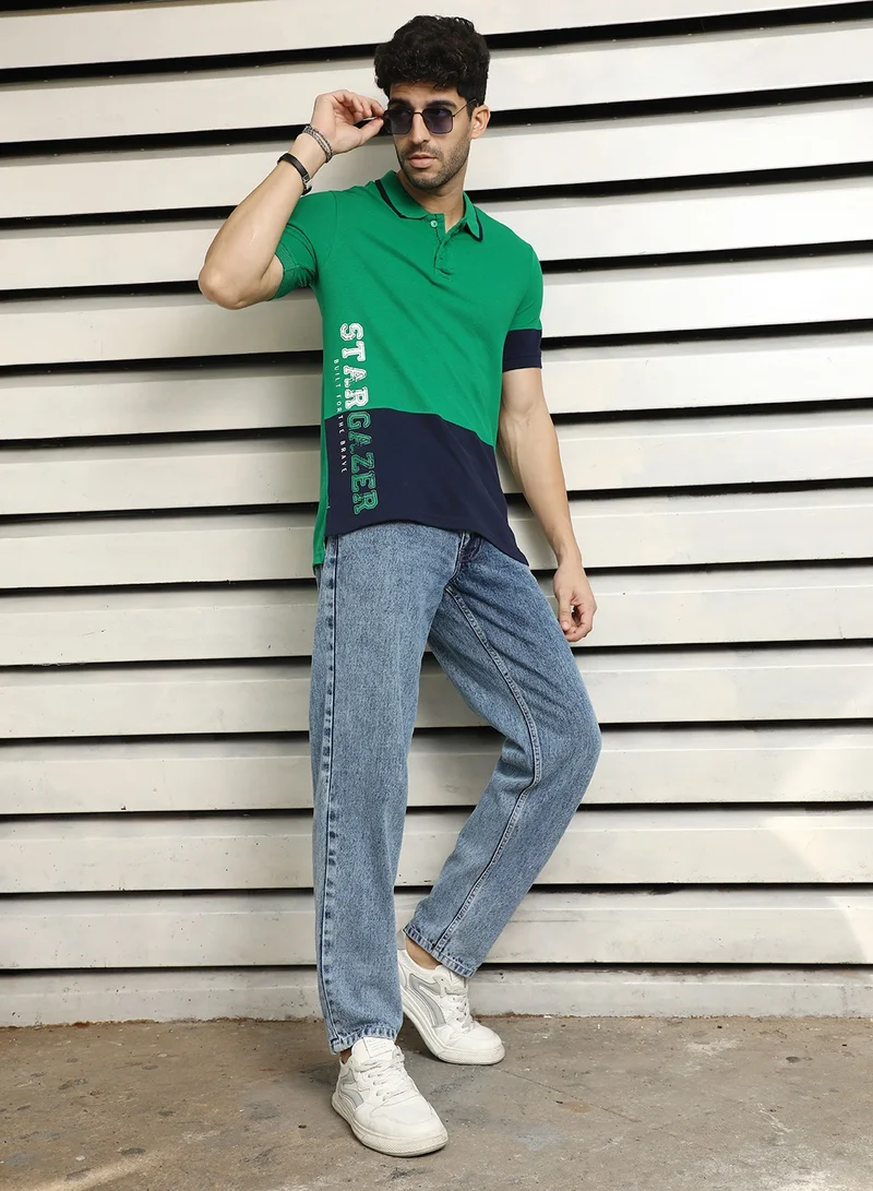 HIGH STAR Men's Green Polo Collar Regular Fit Colorblocked Cotton T-shirt