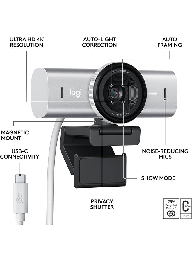 Logitech MX Brio Ultra HD 4K Collaboration and Streaming Webcam, 1080p at 60 FPS, Dual Noise Reducing Mics, Show Mode, USB-C, Webcam Cover, Works with Microsoft Teams, Zoom, Google Meet Pale Grey - Image 4