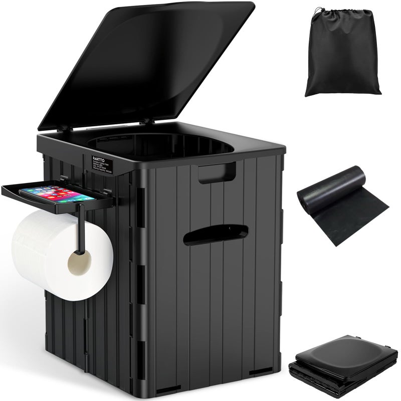 PAHTTO X-Large Foldable Portable Toilet For Adults - Extra Large 15.4"H Waterproof Camping Toilet With Detachable Phone Shelf And Paper Holder, Perfect For Camping, Hiking And Road Trips - Image 1