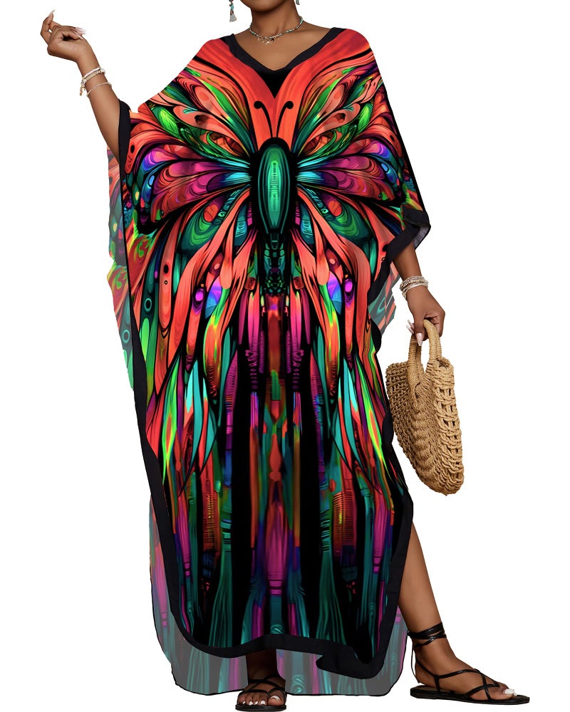 Bsubseach Kaftan Dresses for Women Floral Print Caftans Bathing Suit Cover Ups Plus Size Long Beach Coverup Dress Red - Image 1