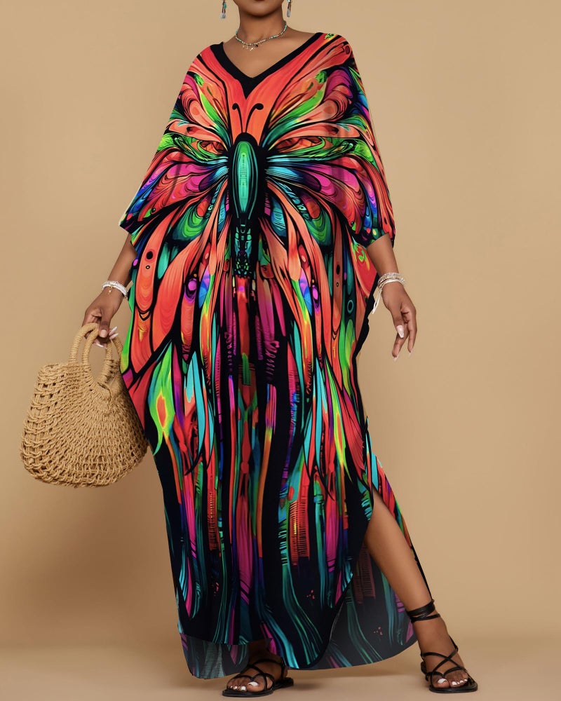 Bsubseach Kaftan Dresses for Women Floral Print Caftans Bathing Suit Cover Ups Plus Size Long Beach Coverup Dress Red - Image 5
