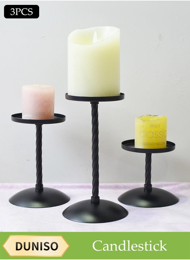 DUNISO 3 Pcs Candle Holders,Cylindrical Candle Holder，Simple Retro Matte Finish，Iron Column Thread Rotation Process，Used for Dining Table Centerpiece or Wedding Party Decoration，Black  - Image 1