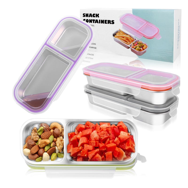 YJSLICT 4 Pack Stainless Steel Lunch Containers for Adults, 304-Grade, 2-Compartments Snack Container & Lunch Box with Lids, Reusable Snap-on Lid Snack Containers Set, Meal Prep Lunch Box (24 oz / 700ml) - Image 1